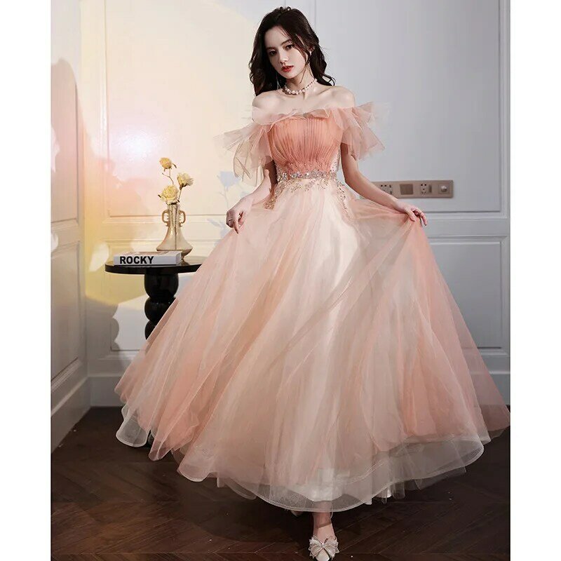 Korean Style Party Gowns For Women Strapless Sequined A-Line Graceful Evening Dress Ankle-Length Sashes Gentle Pageant Gowns