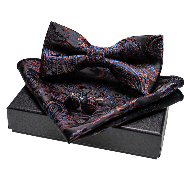 KAMBERFT Paisley Floral Mens Bow Tie 100%Silk Woven Butterfly BowTie Pocket Square Handkerchief Hanky Cufflinks Suit Set
