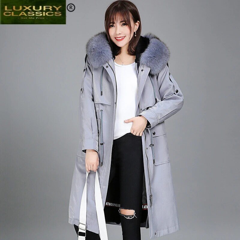 Abrigo de piel auténtica para mujer, chaqueta con forro de piel de conejo Rex Natural, ropa con capucha de piel de zorro grande, abrigo cálido coreano 2021 LW1492