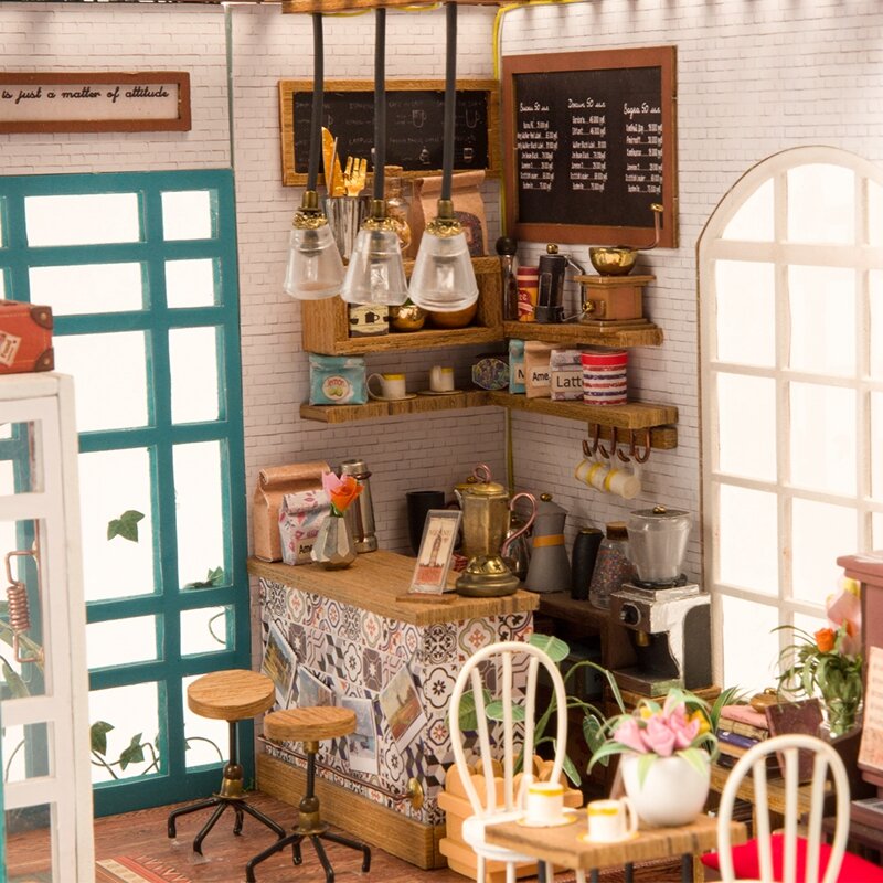 Robotime DIY House with Furniture Study Room Simons Coffee Children Adult Doll House Miniature Dollhouse Wooden Kits Toy