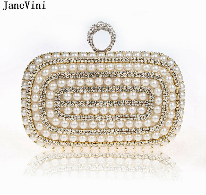 JaneVini-Bolso de mano con perlas y diamantes de imitación para mujer, billetera de fiesta nocturna, bolso de anillo dorado y negro con cuentas para Banquete de noche