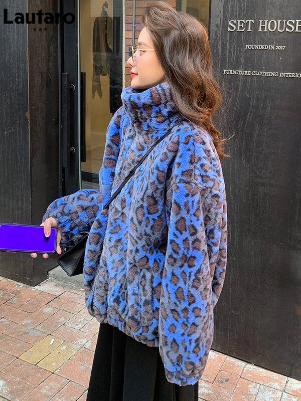 Lautaro-Casaco feminino de pele sintética, estampa de leopardo, manga comprida, com zíper, quente e macio, jaqueta fofa, moda coreana, extragrande, colorido, inverno
