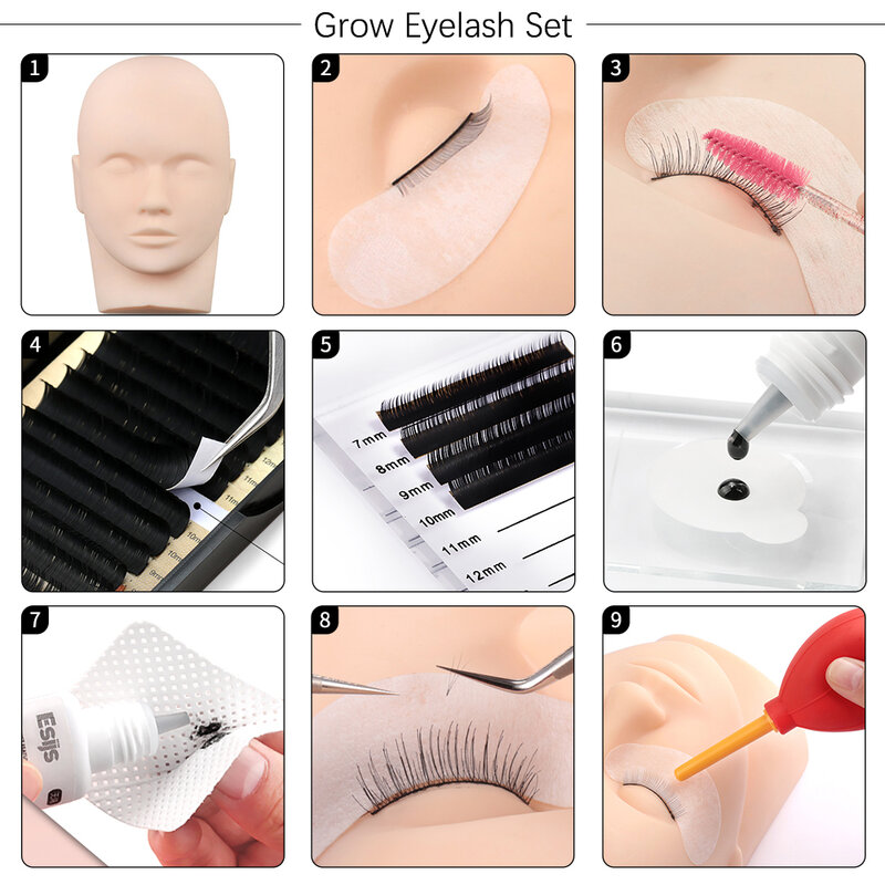 20 in 1False Eyelash Extension Training Kit Practice Model Head Eye Pads Tweezers Glue Ring Brush Grafting Eyelash Tools Kit