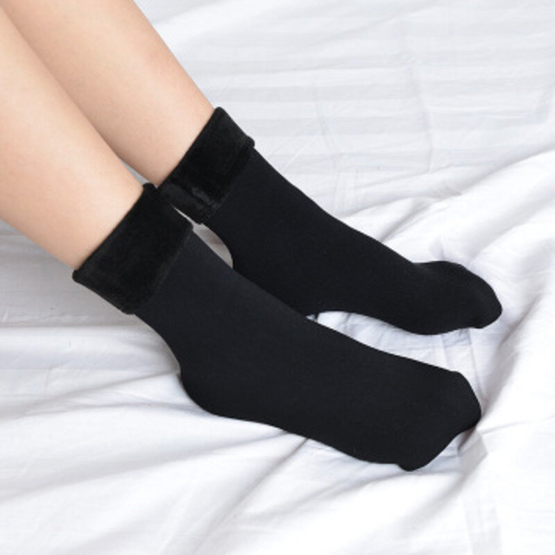 Homens e mulheres grossas meias quentes lã e cashmere meias sem costura pele preta veludo piso macio botas de dormir inverno