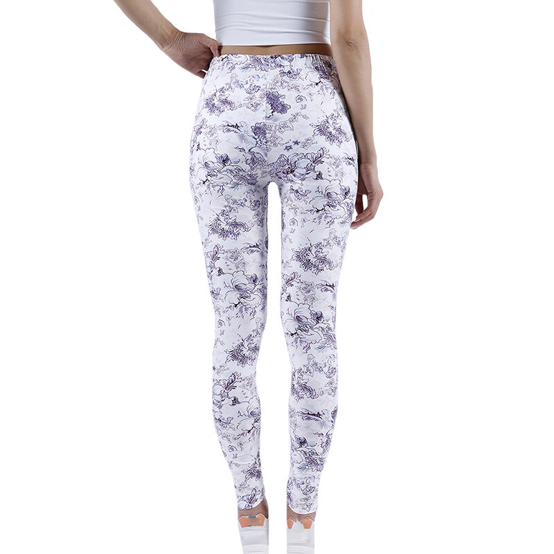 YGYEEG สูงเอวกางเกงขายาว Push Up ผู้หญิงกีฬาฟิตเนสวิ่งสีขาวสีเทา Peony ดอกไม้รูปแบบพิมพ์ด้านล่างถักกางเกงยิม