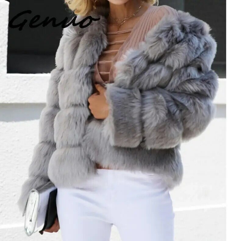 Genuo – manteau d'hiver en fausse fourrure pour femme, Long et moelleux, blanc, confortable