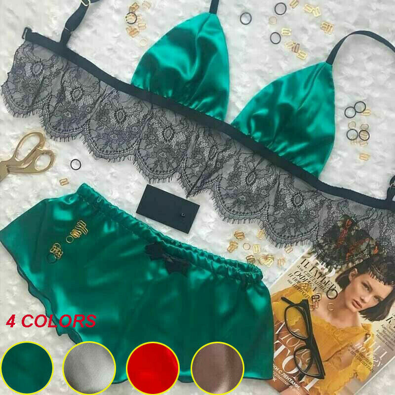 Conjunto de ropa interior Sexy de dos piezas para mujer, sujetador de seda satinada, corpiño, picardías, 4 colores