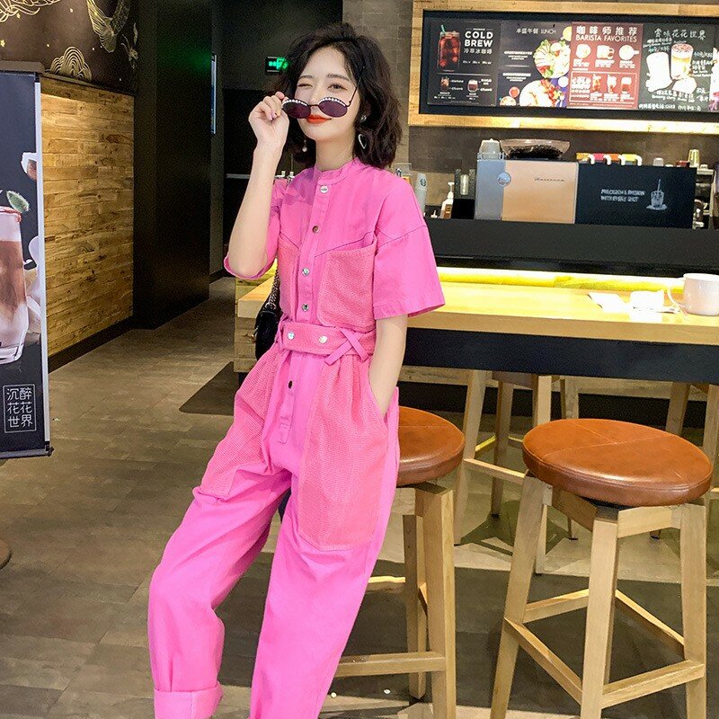 Summer New Solid White Cargo High Waist Straight Women Fashion Casual Sashes Short Sleeve Ladies Jumpsuits Hot