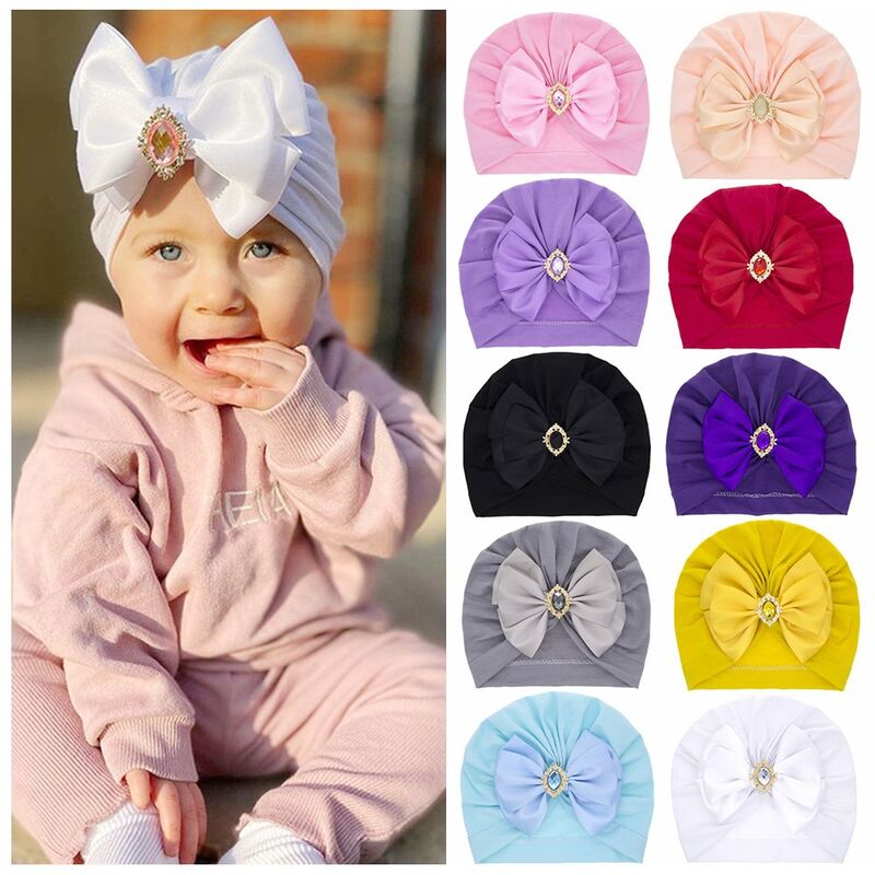 Chapéu de bebê, cor sólida, grande, nó, turbante, cabeça, com strass, touca para crianças, recém-nascido, fotografia, adereços