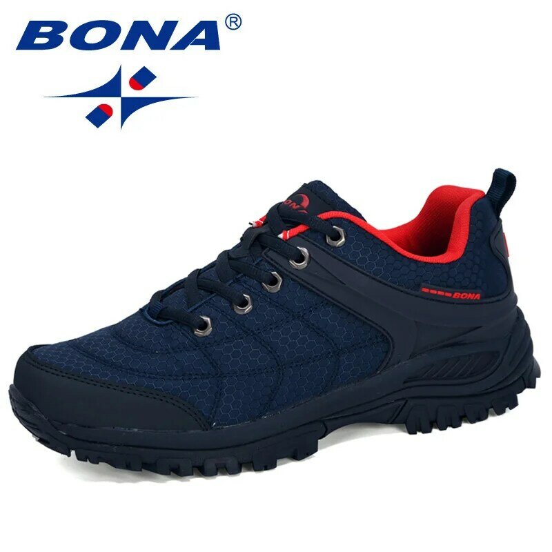 BONA sepatu Hiking populer pria, sneaker olahraga kulit Nubuck jala luar ruangan untuk lelaki