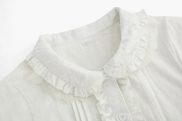 Lolitaเสื้อสีขาวผู้หญิงJkคอสเพลย์หวานลูกไม้ElegantสำหรับสุภาพสตรีVintage Peter Pan Ruffle Flareแขนเสื้อ