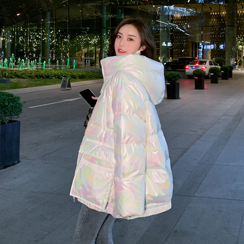 Esmalte branco superfície a laser colorido para baixo jaqueta feminina meados de comprimento roupas de inverno novo pato branco para baixo engrossado jaqueta
