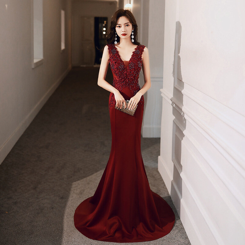 Đầm Thiết Kế Dạ Hội Sang Trọng 2020 Mới Thời Trang Nữ Hoàng Yến Tiệc Đầm DỰ TIỆC Sexy Cổ Chữ V Appliques Hoa Nàng Tiên Cá Promise Haute Couture