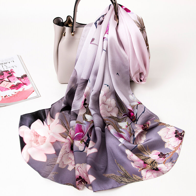 Bufanda de seda pura de las mujeres de impresión de lujo de la bufanda de la cabeza de chales envuelve Foulard Floral Femme Hangzhou Real de pelo seda bufanda 170X53CM