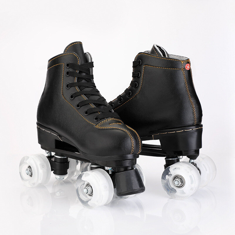 New Black White Artificial Leather Roller Skates Double Row Quad Skate Sneakers Women Rollerblading White PU 4 Wheels Patines