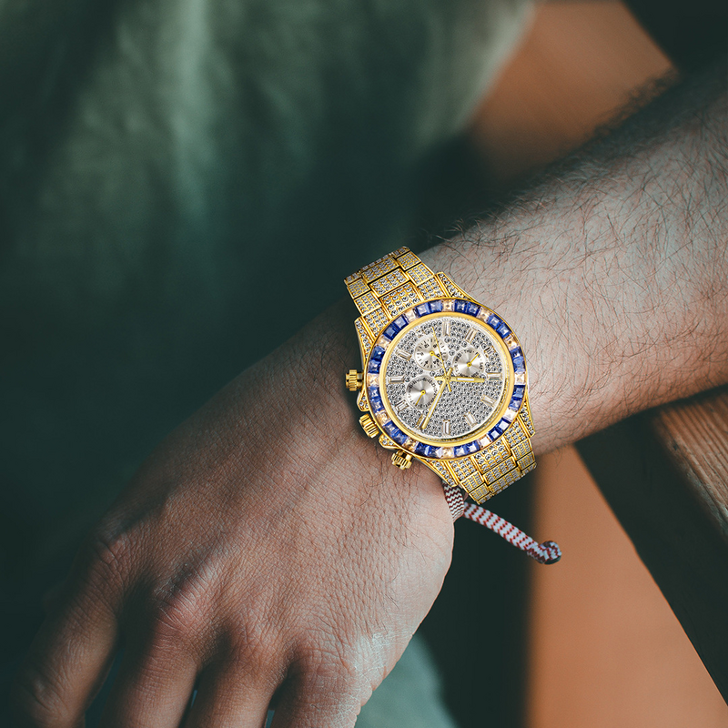 Chronograph 18K Überzogen Gold Uhr für Männer Voller Diamant Herren Uhren Hip Hop Iced Out Quarz Armbanduhr Mann Kubanischen kette Armband