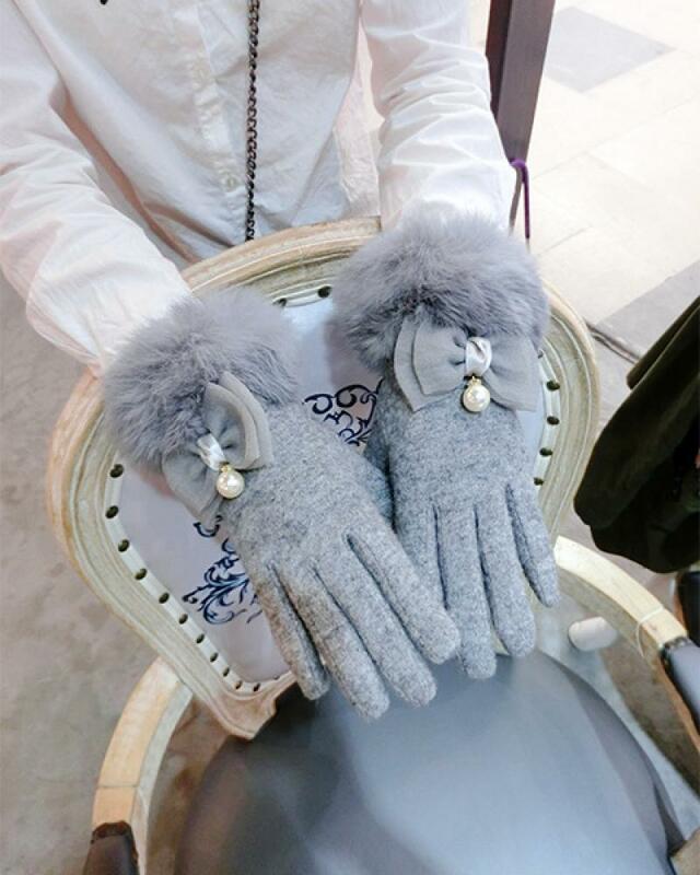 Кашемировые перчатки с бантом из кроличьего меха, корейские зимние плотные женские модные теплые перчатки для сенсорного экрана с утолщением пальцев