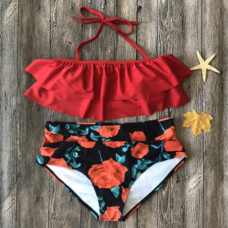 Wysokiej talii stroje kąpielowe 2019 nowy liść druku bikini kobiety strój kąpielowy w stylu Vintage Retro strój kąpielowy Halter Biquini Maillot de bain femme