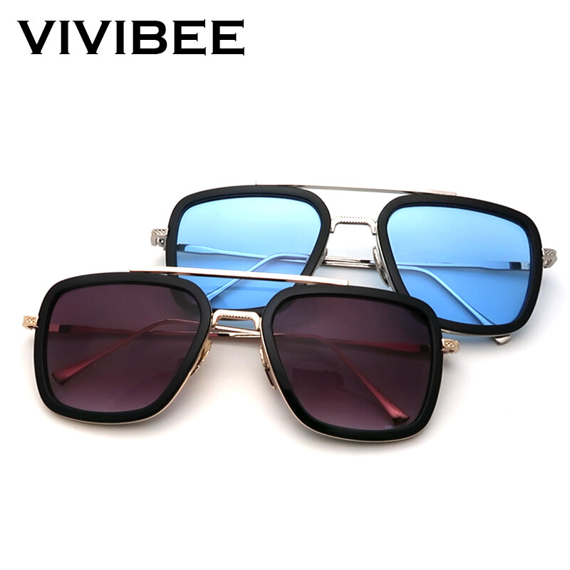 2024 квадратные мужские солнцезащитные очки VIVIBEE в винтажном стиле Тони Старк в серебристой металлической оправе с синими линзами модные женские очки в стиле стимпанк