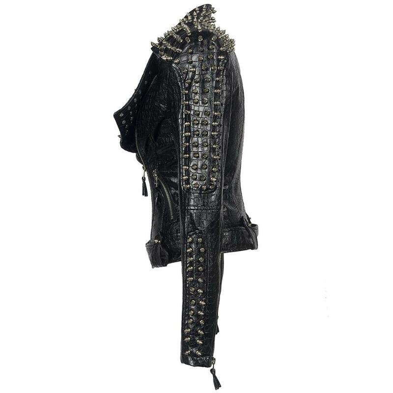 Casaco de couro falso pu com rebites, jaqueta curta com cinto e zíper estilo punk e bordado