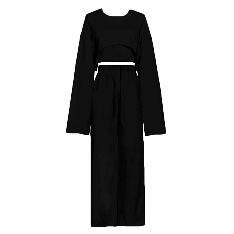 VGH-Conjunto cinza de duas peças, decote em O, manga comprida, top curto, cintura alta, calça larga, moda casual, estilo feminino, 2021