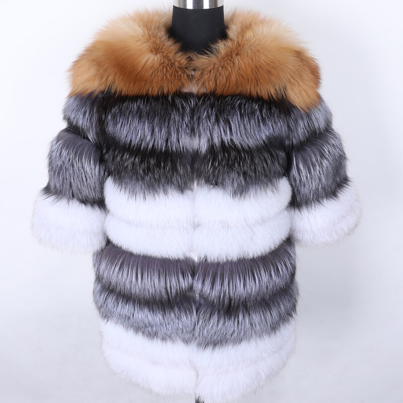 Maomaokong casaco de pele feminino de couro, jaqueta longa de couro quente com pele verdadeira 100% natural, casaco de pele de raposa de alta qualidade, colete de pele