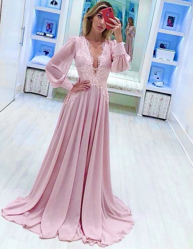 2021 elegante Blau Muslimischen Arabischen Abendkleider Tiefem V-ausschnitt Chiffon Spitze Plus Größe Lange Prom Party Kleider Vestidos De Noiva