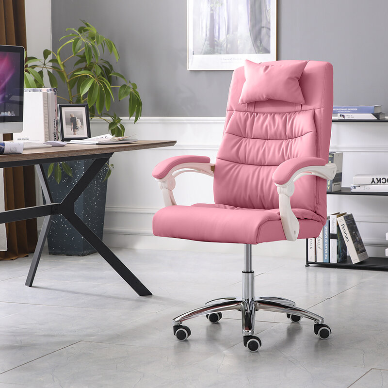 Silla de oficina ergonómica ajustable, asiento de cuero de imitación con respaldo alto, 4 colores, para dormitorio de carreras, Juegos de ordenador, reclinable, color rosa
