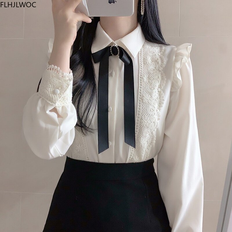 Ruffled Autumn Spring Basic Office Lady Work Wear Women Single Breasted Button Solid Peter Pan Collar Top White Shirts Blouses