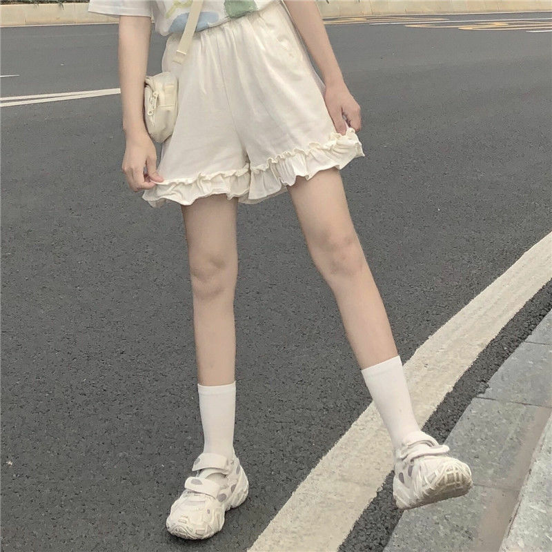 Celana Pendek Wanita Gaya Preppy Jepang Tinggi Pinggang Elastis Ruffles Lebar Kaki Celana Siswa Korea Manis Chic All-Match Kasual baru