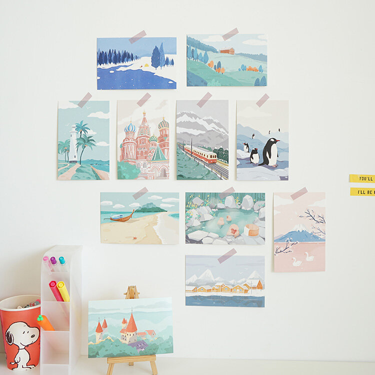 Ins wind-pintura de pared pintada a mano, paisaje, decoración artística de pared, tarjeta de felicitación de viaje fresca pequeña, conjunto de tarjetas postales