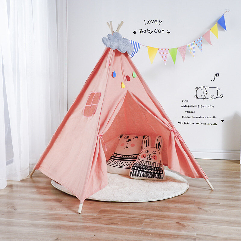 Nordic Style Wooden Support Canvas Tent Children Baby Play House Tent Light Roof Tipi Princess Room Indian Teepee Tent Kids Gift