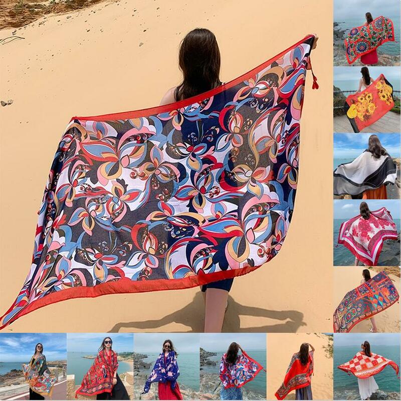 Desert Sun Protection Cotton Linen Beach Dress Bikini Sarong Wrap Scarf Women Brazilian Swimsuit Bathing Oversized Cover Up Veil