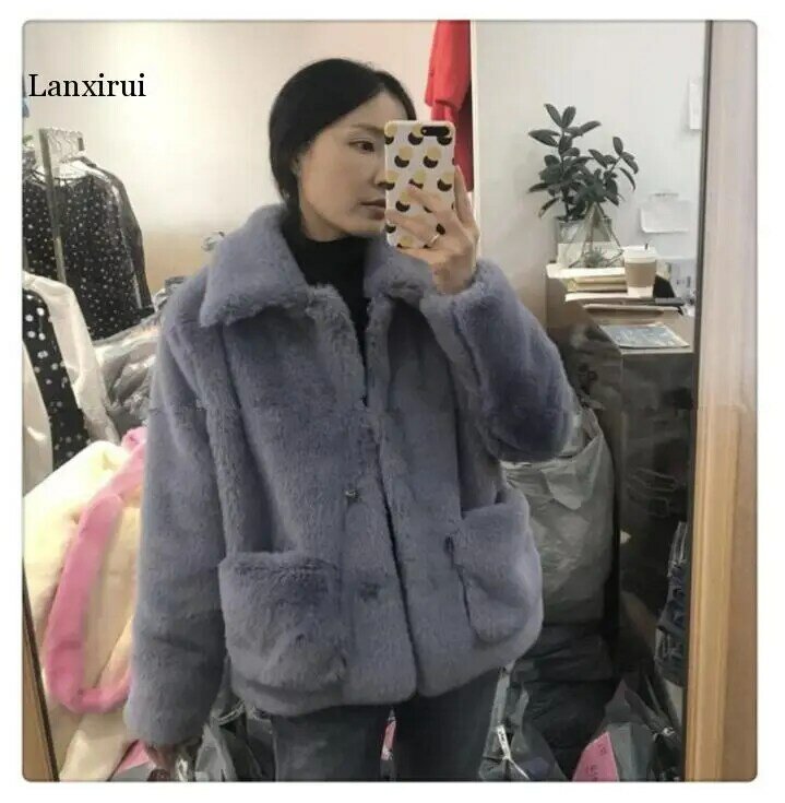 Wixra-abrigo de lana de piel de oveja para mujer, de piel auténtica botonadura con una sola chaqueta de invierno, abrigo de lujo cálido de gran tamaño
