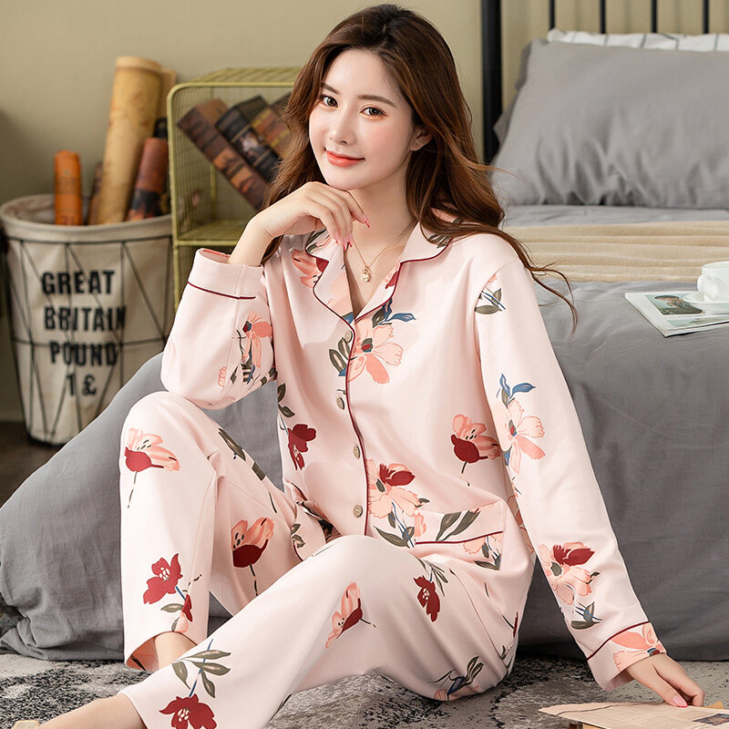 Fall Winter New Elegant Style Pink Floral Turn-Down Collar Pajama Set Men And Women Soft & Comfort Cotton Sleepwear Casual Wear