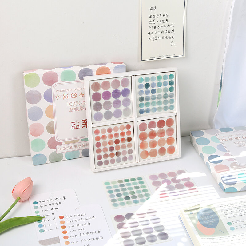 100sheets Watercolor Polka Dot Sticker Bullet Journaling Accessories Scrapbooking DIY Color Label Washi Sticker Stationery Suit