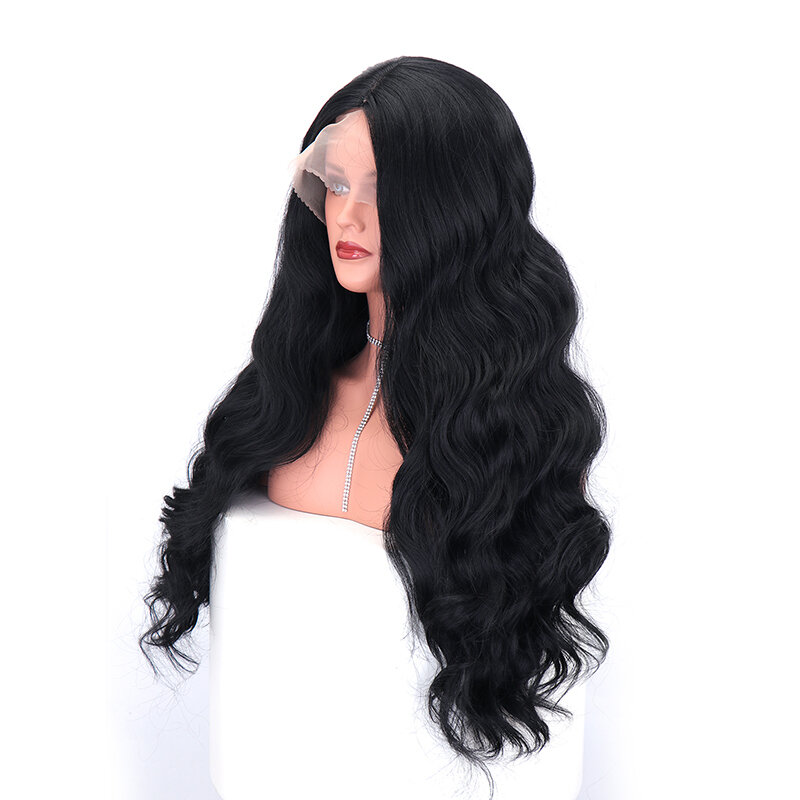 JUNSI długa syntetyczna czarna falista perka na siateczce dla kobiet włosy syntetyczne z naturalną linią włosów koronki żaroodporne włosy