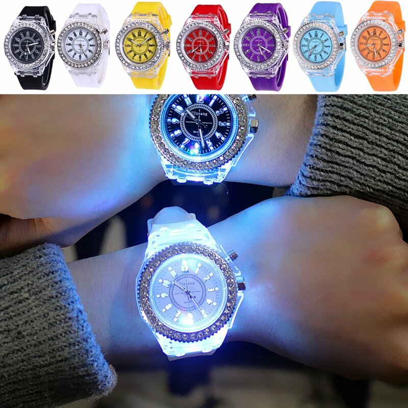 8 типов красочных светодиодных спортивных часов стразы, светящиеся женские кварцевые часы, женские силиконовые наручные часы