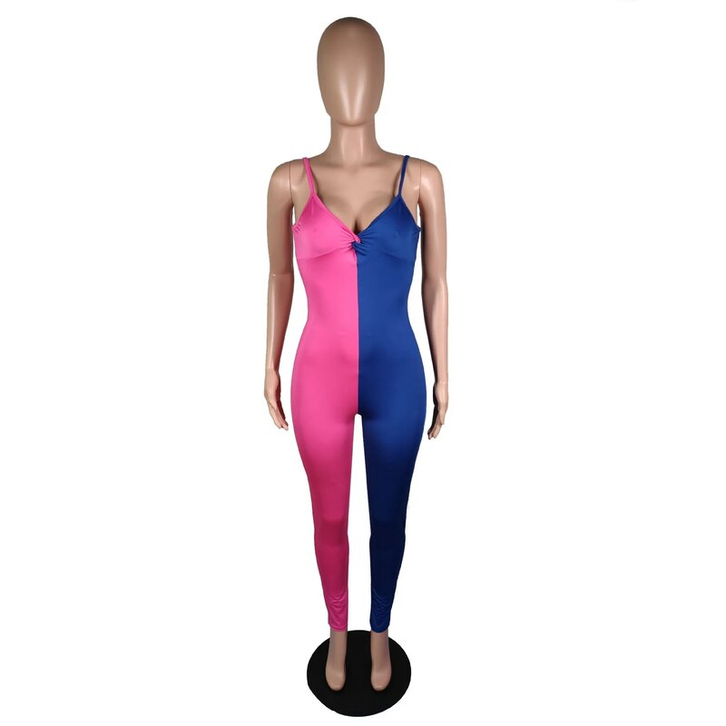 BKLD ผู้หญิง Skinny Jumpsuit สีชมพู Patchwork สายคล้องคอ Rompers 2019 ฤดูร้อนใหม่หญิง Playsuit Clubwear Elegant Jumpsuit สำหรับผู้หญิง