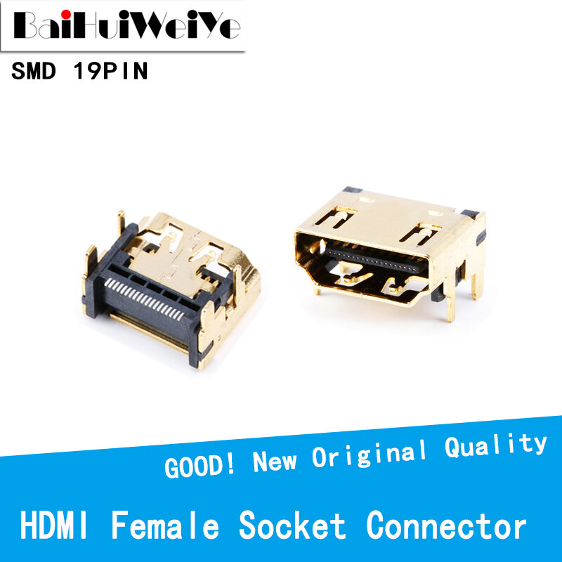Conector hembra Compatible con HDMI, Conector de 19 pines, 19 P, ángulo recto SMT SMD, 90 grados, HD, chapado en oro, 10 unids/lote
