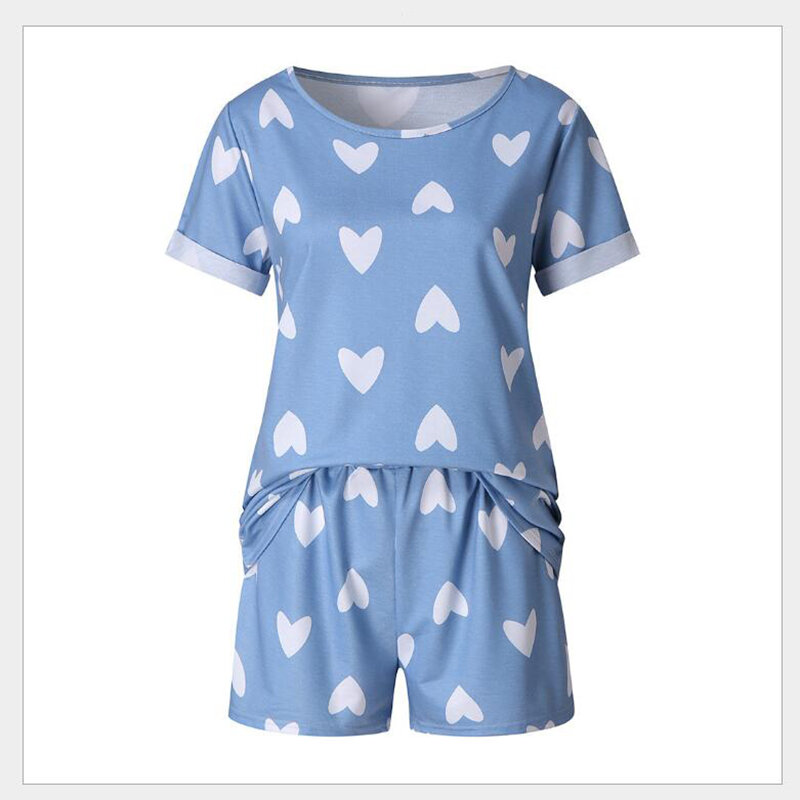 Conjunto feminino pijama manga curta, camiseta e shorts estampa coração bonitinho