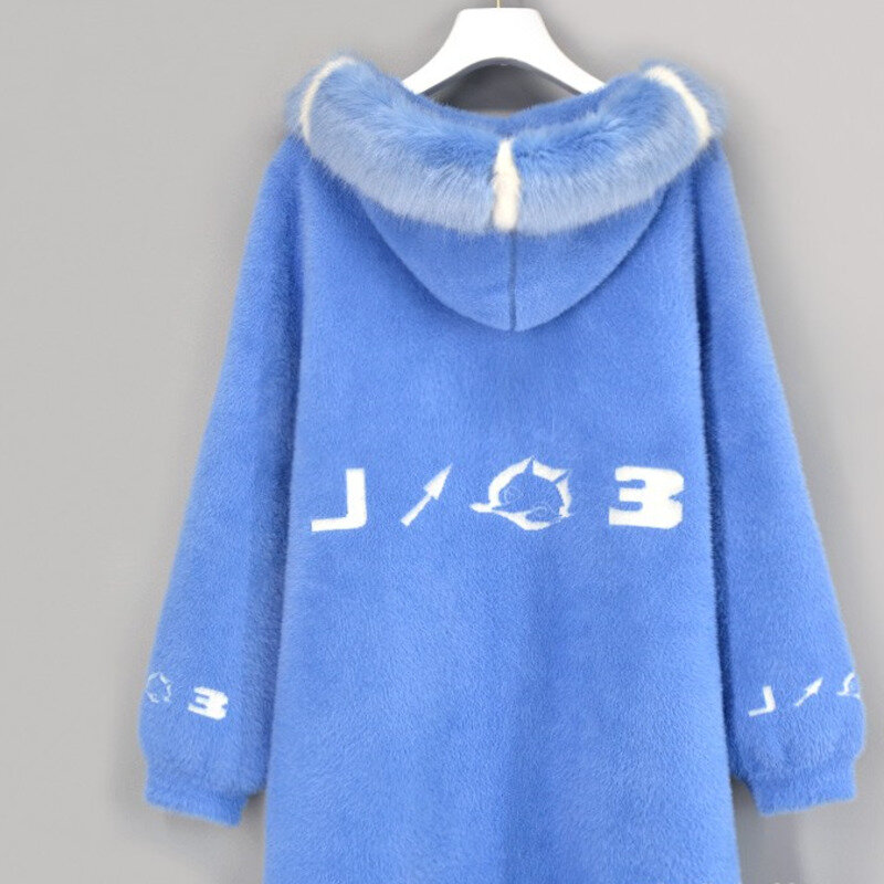 #4308 Winter Mohair Coat Women Loose Casual Knitted Sweater Coat Hooded Ladies Letters Thick Warm Long Cardigan Female Harajuku