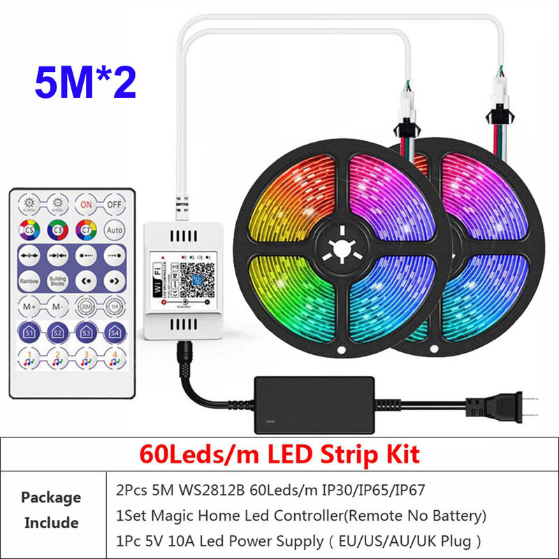 Cintas de tira LED RGB DC5V WS2812B, Kit de potencia de salida Dual con píxeles direccionables, Control remoto por WiFi, adaptador de aplicación de música inteligente