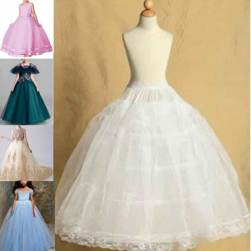 Enagua blanca de crinolina para niñas, vestido de baile para niñas, falda hinchada, 3 aros, 7 tamaños, 2-18 años