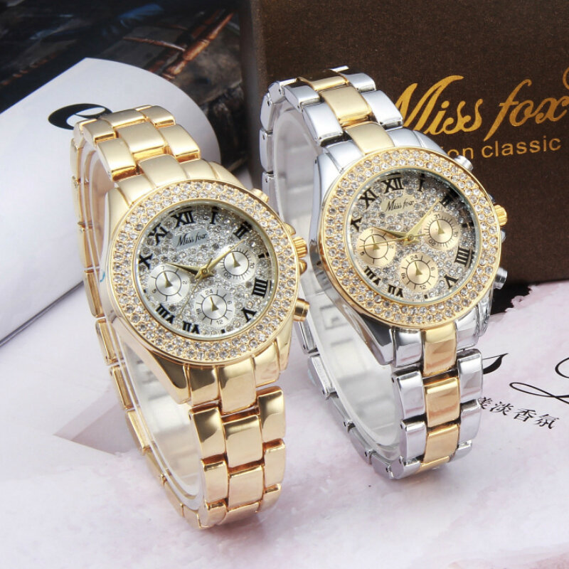 MISSFOX zegarki damskie luksusowe zegarki damskie moda fałszywe chronograf cyfry rzymskie 18K złote damskie zegarki kwarcowe zegarek