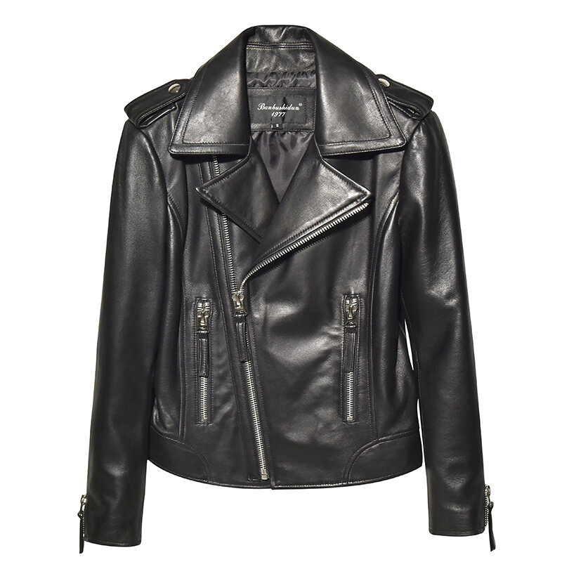 Женская Повседневная куртка из натуральной овечьей кожи, черная мотоциклетная куртка в стиле панк, верхняя одежда для осени и зимы
