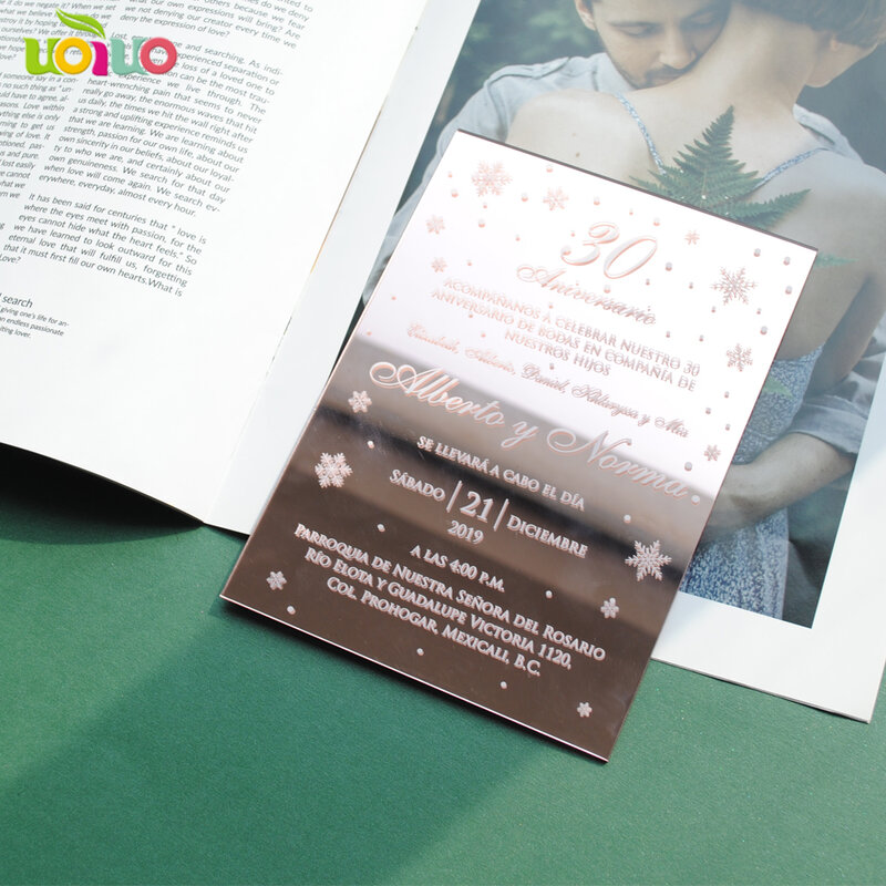 10PCS Hot Sell Elegant Rose Gold Mirror Acrylic Wedding Invitation Card with Colorful Printing