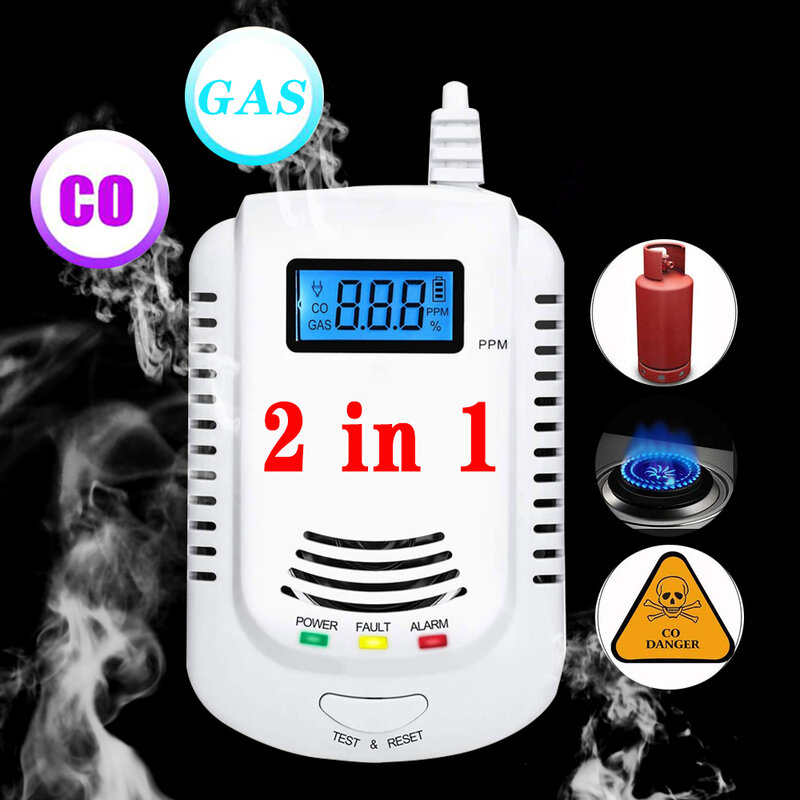 LPG Pendeteksi Kebocoran Gas Penganalisa Karbon Monoksida Sensor LCD Digital Displayer Gas Alam Mudah Terbakar 2 In 1 Sistem Alarm untuk Rumah
