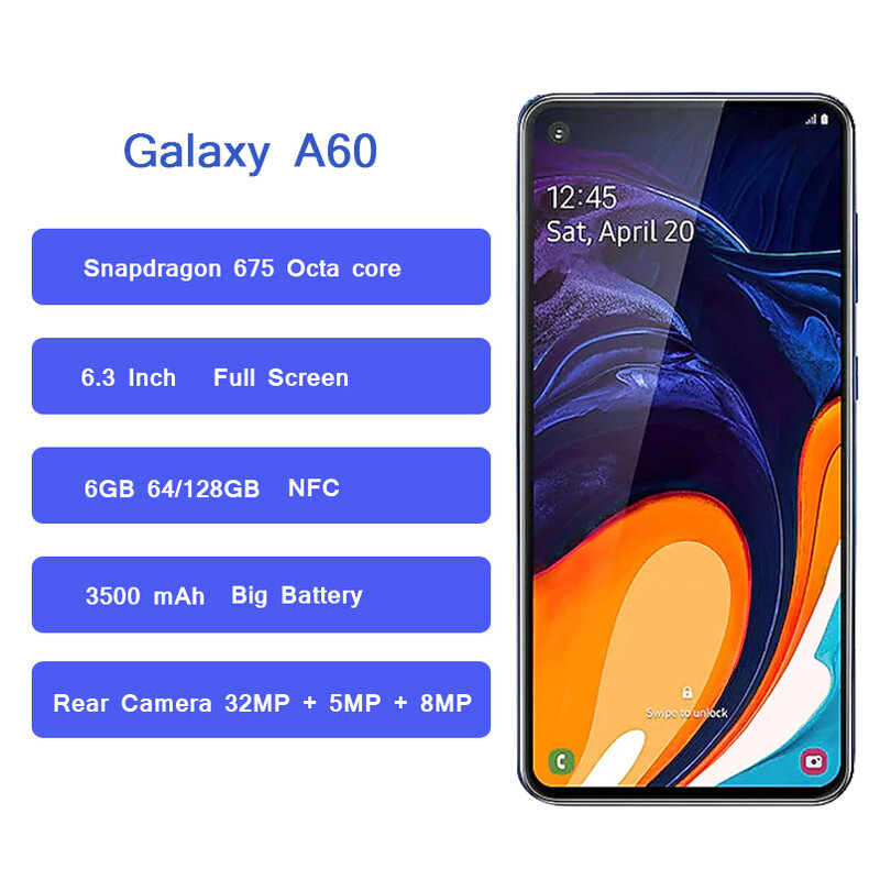 Samsung-teléfono inteligente Galaxy A60, Smartphone con NFC, Snapdragon 675, Octa Core, 6/8ROM, cámara frontal de 16MP, 6,3 pulgadas, batería de 3500mAh