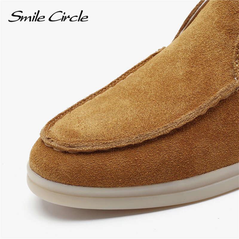 Sorriso círculo-mocassins de couro genuíno para mulheres, sapatos femininos preguiçosos, sapatilhas nuas, casuais, slip-on, primavera, outono